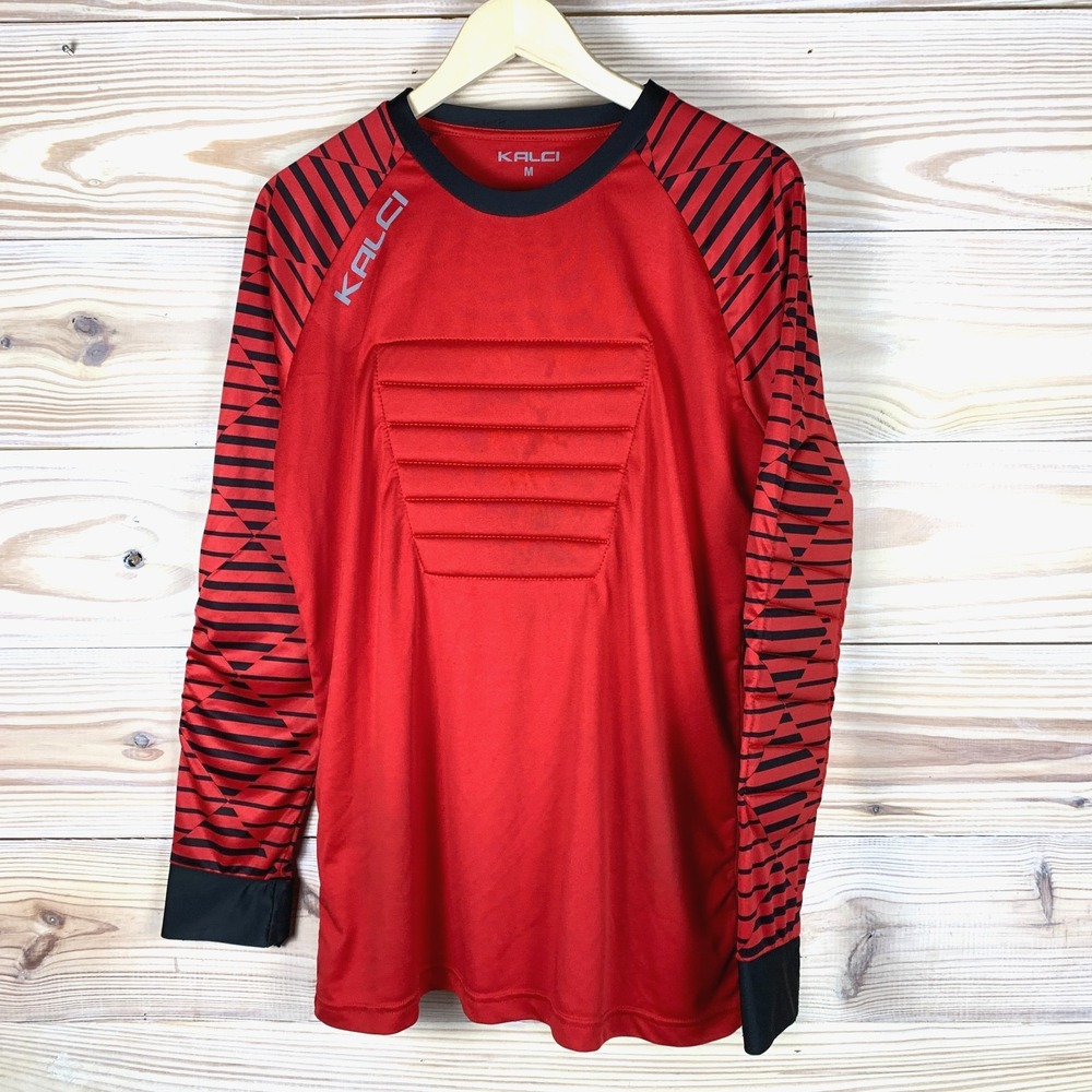 Kalci Goalkeeper Jersey Mens M Red Black Striped Padded Long Sleeve Soccer Shirt